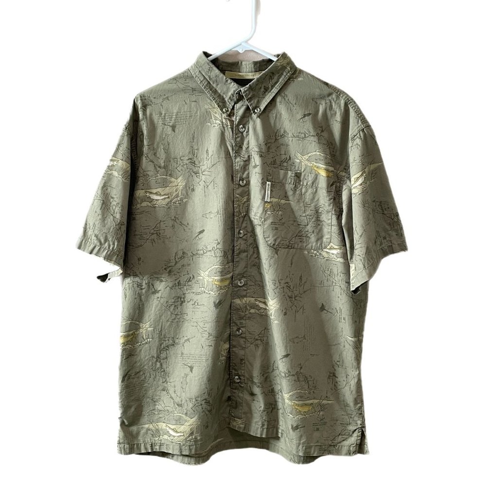 COLUMBIA River Lodge Button Down Shirt Mens Size Large Fishing Idaho Cities Map